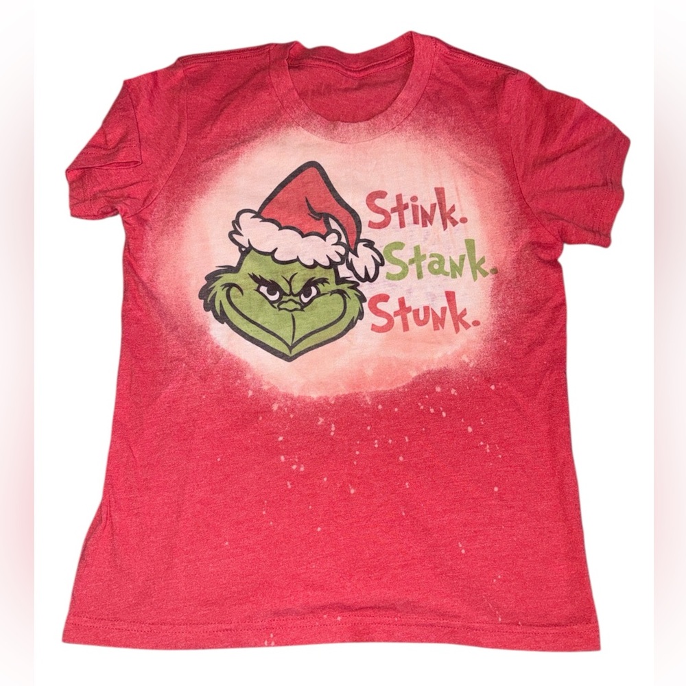The Grinch red bleached, screen printed t-shirt. Size 10